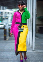 Tweedelige set met kleurblok, lange mouwen, contrastkleurstijl, asymmetrische rok