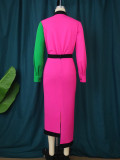 Color Block Long Sleeve Contrast Color Style Asymmetrical Skirt two-Piece Set