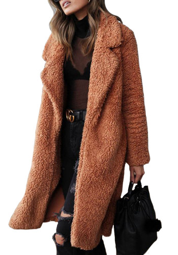 Abrigo largo de felpa para mujer con cuello vuelto de manga larga de otoño e invierno