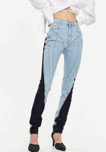 Calças justas estilo patchwork calças jeans outono cintura alta trabalho pesado slim fit calças lavadas