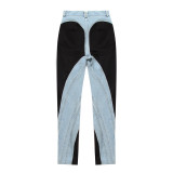 Tight Pants Style Patchwork Denim Pants Fall High Waist Heavy Work Slim Fit Washed Pants