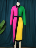 Color Block Long Sleeve Contrast Color Style Asymmetrical Skirt two-Piece Set