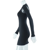 Women's Round Neck Metallic Cutout Solid Color Long Sleeve Bodycon Short Dress