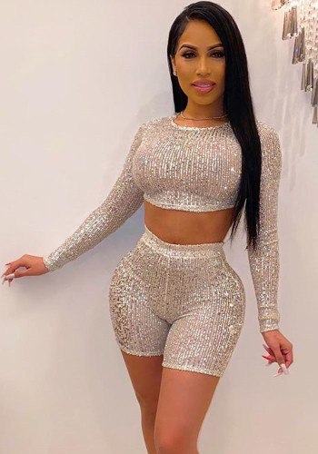 Sexy Sequin Longs Leeve Crop Top  Slim Shorts Two Piece Set