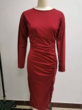 Fall Winter Women'S Solid Color Round Neck Slim Long Sleeve Slit Chic Dress