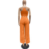 Women'S Solid Color Casual Tank Top Round Neck Long Sleeve Top Wide-Leg Pants Three-Piece Set