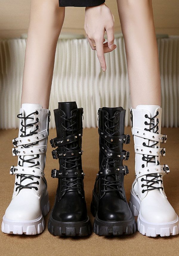 Botas Martin de solado grosso femininas outono e inverno botas de bico redondo com fivela de cinto botas femininas de lã plus size
