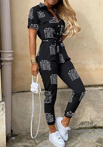 Women'S Summer Cargo Trousers Casual Turndown Collar Buttoned Printed Belt Jumpsuit