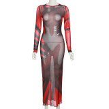 Autumn And Winter Women'S Fashion And Sexy See-Through Mesh Print Slimming Long Dress