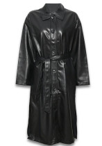 Осеннее уличное длинное кожаное пальто, женское свободное облегающее модное пальто из искусственной кожи с поясом