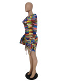 Women'S Tie Dye Print Pleated Ruffle Sleeve Sexy Tight Fitting Dress