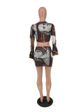 Trendy Casual Dollar Print Long Sleeve Two Piece Skirt Set