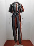 Women'S Summer Cargo Trousers Casual Turndown Collar Buttoned Printed Belt Jumpsuit