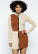 Fashion Colorblock Long Sleeve Zipper Two Piece Skirt Set