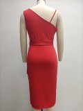 Women'S Solid Color Sexy Sequin Patchwork Slit Belt One Shoulder Evening Dress Nightclub Dress