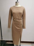 Fall Winter Women'S Solid Color Round Neck Slim Long Sleeve Slit Chic Dress