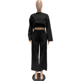 Women'S Solid Color Casual Tank Top Round Neck Long Sleeve Top Wide-Leg Pants Three-Piece Set