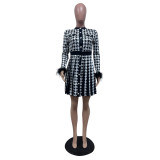 Women Casual Houndstooth Print Pleated Dress