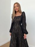 Women French Hollow Jacquard Square Neck Balloon Sleeve Dress