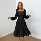 Women French Hollow Jacquard Square Neck Balloon Sleeve Dress