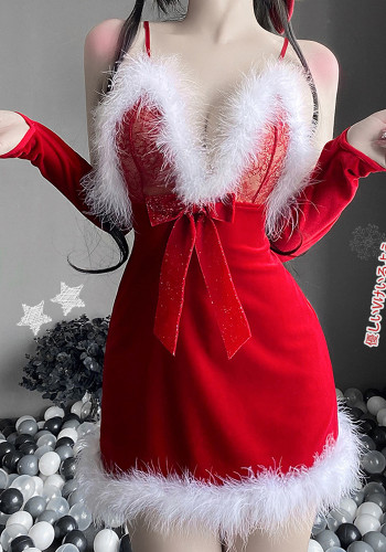 Disfraces de Navidad para mujer, camisón Sexy transparente de encaje con tirantes de felpa, vestido de Navidad para chica conejito