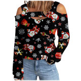 Christmas Women printed off-the-shoulder loose long-sleeved T-shirt
