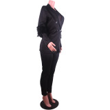Fall Women Feather Blazer and Pant Two Piece