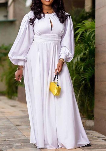 Artı Boyutu Kadın Maxidress Vintage Düz Renk Puf Kol Yüksek Bel Açık Sırt Elbisesi