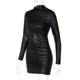 Women'S Autumn And Winter Long-Sleeved Tight Fitting Ruched Bodycon Sexy Pu Leather Dress