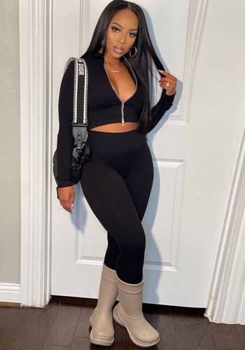 Fall/Winter Solid Color Long Sleeve Zipper Crop Top  Tight Fitting Pants Two Piece Casual Tracksuit