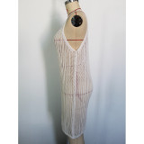 Sexy Straps Tight Fitting Hollow Out U-Neck Knitting Beach Dress