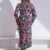 Plus Size Women'S Fall Winter Long Sleeve Printed Pleated Belt Maxi Dress