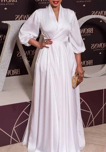Şık Kariyer Sarılı Yüksek Bel Beyaz Şık Düz Kadın Maxi Elbise