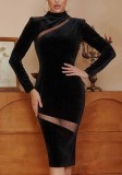 Women'S Velvet Mesh Patchwork Chic Long Sleeve Slim Midi Dress