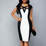 Women'S Color Contrast Women'S V-Neck Crossover Sexy Slit Mid-Length Bodycon Dress