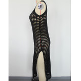 Holidays Sexy Solid Color Round Neck Sleeveless Breathable Knitting Long High Slit Dress Beach Sun Protection Cover-Up