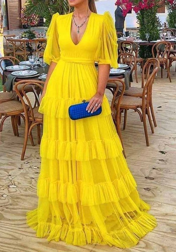 Women'S Sexy V Neck Yellow Short Sleeves Slim Waist Maxi Gown Dress