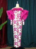 Stylish Off Shoulder Mesh Patchwork Printed Formal Party Dress