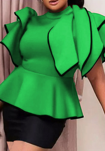 Blusa feminina outono inverno cintura fina com babados moda gola redonda manga com babados