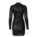Women'S Autumn And Winter Long-Sleeved Tight Fitting Ruched Bodycon Sexy Pu Leather Dress