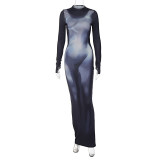 Women'S Autumn Fashion Printing Slim Long Sleeve Long Dress