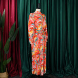 Plus Size Women'S Fall Winter Long Sleeve Printed Pleated Belt Maxi Dress