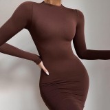 Spring And Autumn Tight Fitting Slim Solid Color Sexy Bodycon Long Dress For Women