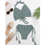 Knitting Lace-Up Sexy Hollow Beach Two Piece Bikini Set Spa Holidays Swimsuit Women