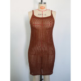 Sexy Straps Tight Fitting Hollow Out U-Neck Knitting Beach Dress