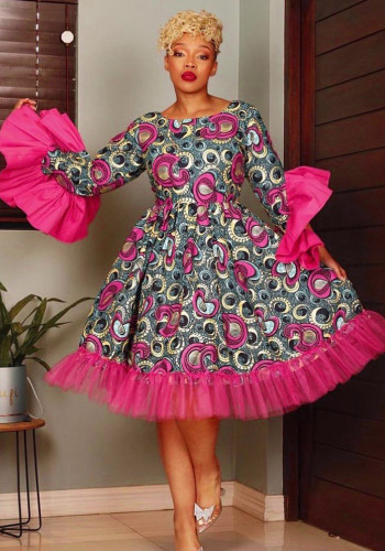 Autumn/Winter Bell Bottom Sleeve Mesh Patchwork Print Vintage A-Line Dress
