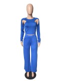 Ladies Sexy Hollow Long Sleeve Top and Wide Leg Pants Two Piece