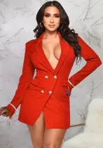 Women V Neck Button Cuff Beaded Blazer Dress