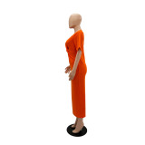 Women V Neck Pleated Solid Color Slit Maxi Dress