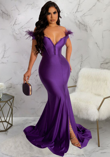 Damen einfarbig V-Ausschnitt ärmellos geschlitzt Meerjungfrau Kleid Abendkleid